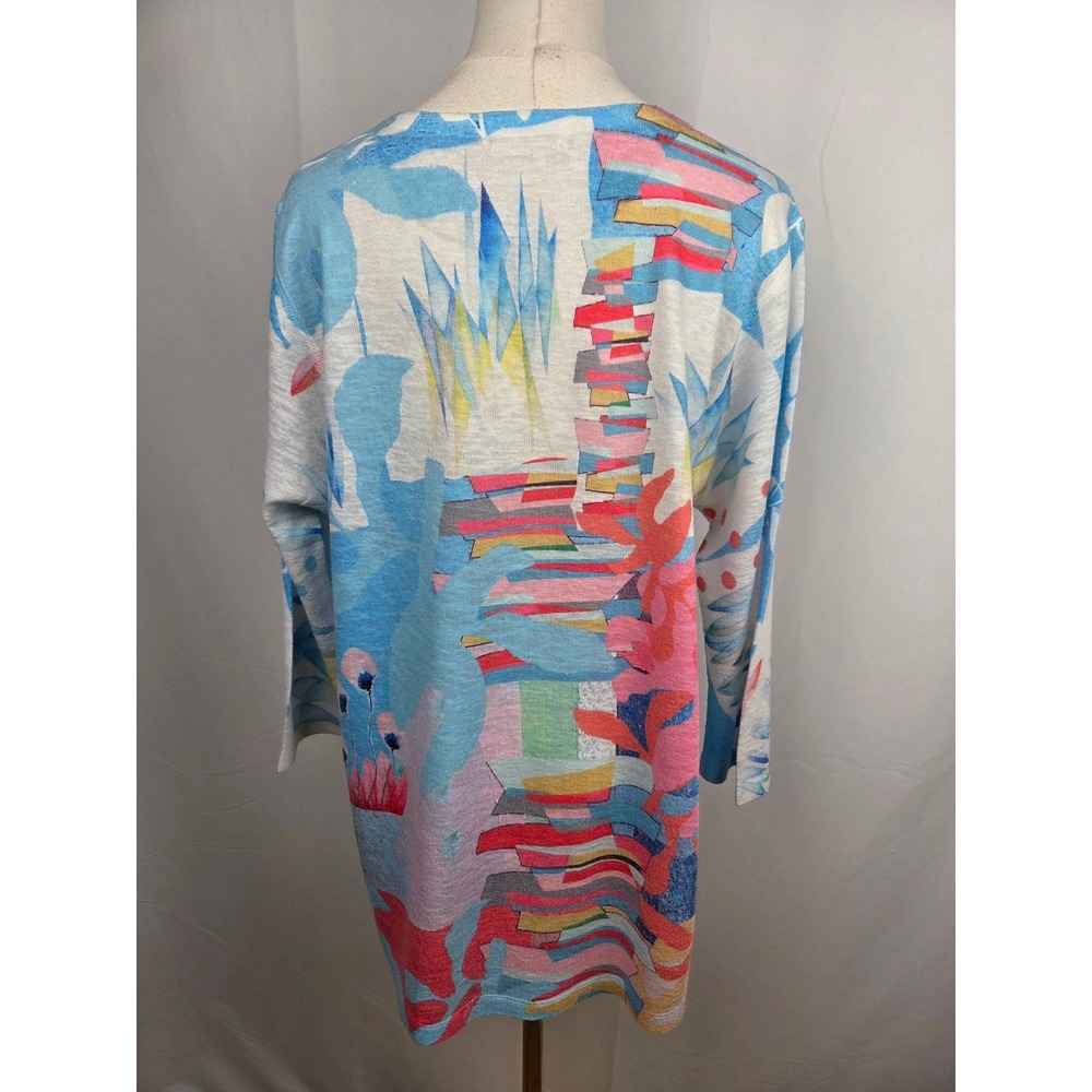 Atelier 5 Tunic XL Blue Pink Abstract Art Split Neck 3/4 Sleeve Top Coastal Boho - Picture 3 of 7